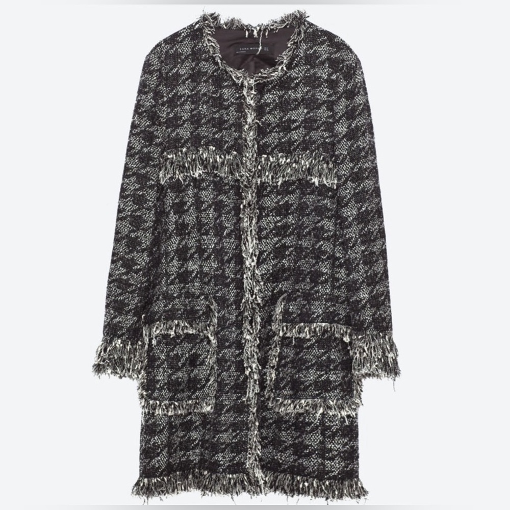 NWT RARE Luxury Classic Minimalist Zara Houndstooth Tweed Fringe Coat/Jacket - Picture 3 of 17